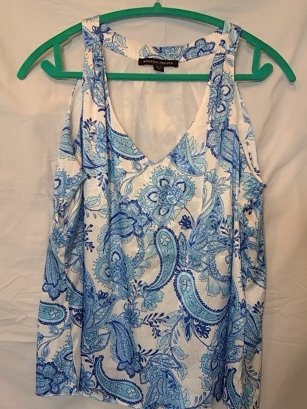 Boston Proper White and Blue Paisley V-Neck Tank